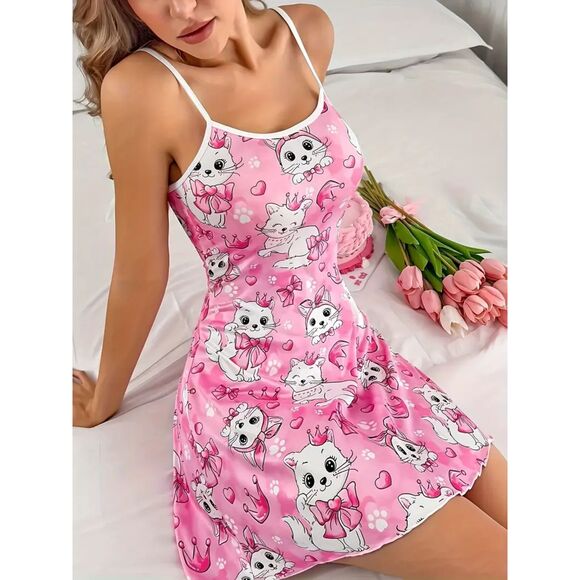 Women's Sleeveless Cartoon Cat Print Slip Dress Spaghetti Strap Nightgown XL - Picture 3 of 3
